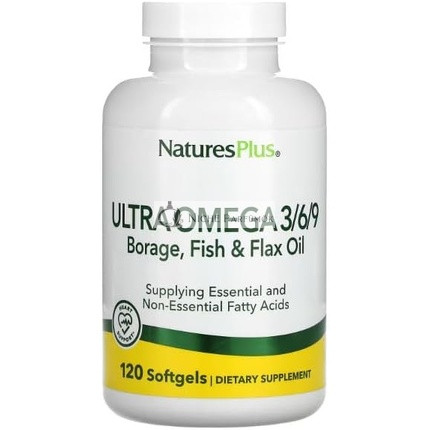 NaturesPlus Ultra Omega 3 6 9 1200mg Omega Blend z olejom z boráku, rybím olejom a ľanovým olejom 90 mäkkých kapsúl