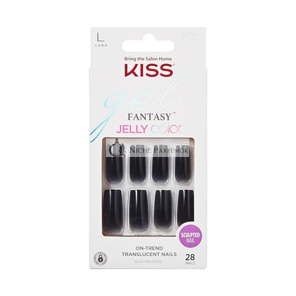 KISS Gel Fantasy Tlačené Nechty Gélové Čierne Dlhé Štvorcové Tvar, 28 Nechtov, 2g Lepidlo, 1 Manikúrna Tyčinka, 1 Mini Pilník