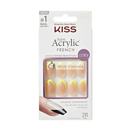 KISS Salon Akrylové Francúzske Press-On Nechty, Hype Svetlo Neon Žlté Stredná Veľkosť Mandľový Tvar, 28 Nechtov, 2g Lepidlo, 1 Manikúra Palica, 1 Mini Súbor