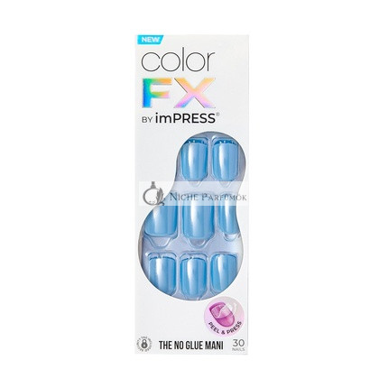 KISS imPRESS No Glue Mani Press-On Nechty Farba FX Meta Stredná Modrá Krátka Veľkosť Squoval Tvar, Zahrnuté 30 Nechtov, Prípravný Pad, Inštrukčná Príručka, 1 Manikúra Palica, 1 Mini Súbor