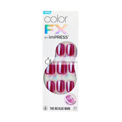 KISS imPRESS No Glue Mani Press-On Nechty Color FX This City Tmavo Červená Krátka Veľkosť Squoval Tvar, 30 Nechtov, Prípravný Pad, Návod, 1 Manikúra Tyčinka, 1 Mini Súbor