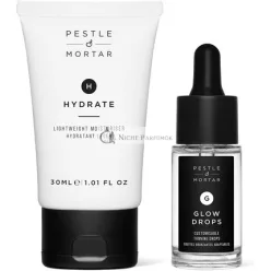   Pestle & Mortar Glowing Duo Samoopaľovacia Cestovná Sada - Prispôsobiteľné Bezslnečné Samoopaľovacie Kvapky s Hydratačným Anti-Aging Pleťovým Krémom - Bez Krutosti a Vegán