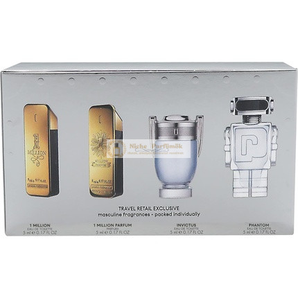 Paco Rabanne Mini Sada pre Mužov: One Million 0.17 Eau De Toilette, One Million 0.17 Parfum, Invictus 0.17 EDT, Phantom 0.17 EDT