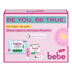   bebe Starostlivosť o pleť Darčekový set s výživnými čistiacimi utierkami 25 ks, Intenzívna starostlivosť 50ml & Jemná ružová starostlivosť o pery 4.9g pre suchú pleť