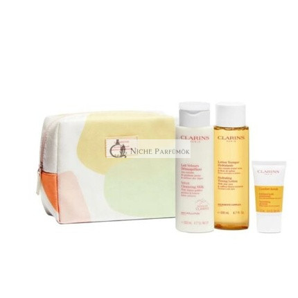 Darčeková sada na čistenie Clarins - Sametové čistiace mlieko 200ml + Tonizačný lotion 200ml + Výživný olejový peeling 15ml + Kozmetická taška