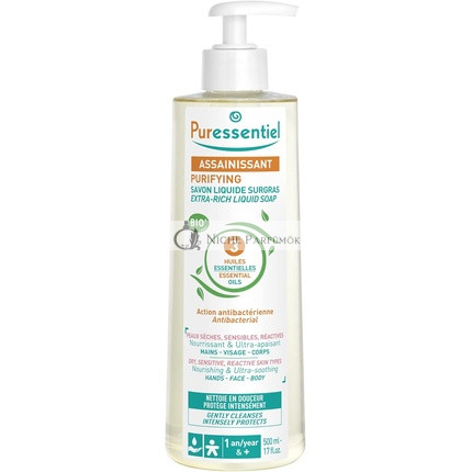 Puressentiel Čistiaci Extra-Hořký tekuté mydlo, 500ml, Antibakteriálne, Na tvár, ruky, telo, Pre suchú, citlivú pleť