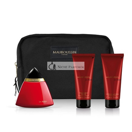 Mauboussin Prestige 2022 v červenej Eau de Parfum, 100ml, 100ml Precious Shower, 100ml Fragrance Milk a toaletná taška
