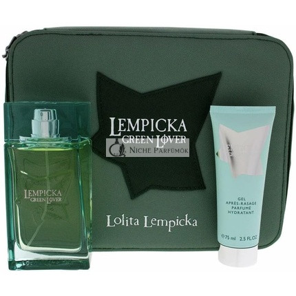 Lolita Lempicka Green Lover pre mužov 3-dielna darčeková sada, 100ml EDT, 75ml gél po holení, 2.5ml taška