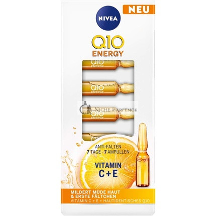 NIVEA Q10 Energia Anti-Wrinkle 7 Dňová Kúra 7 Ampúl s 100% Bunkovo Identickým Q10, Vitamínom C a Vitamínom E, Viditeľne Znižuje Vrasy a Unavenú Pleť