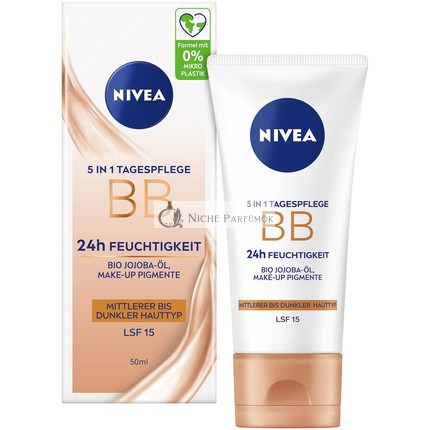NIVEA 5 V 1 Denná Starostlivosť BB 24h Hydratácia SPF 15 Tónovací Krém pre Stredné a Tmavé Typy Pleti s Organickým Jojobovým Olejom a Pigmentmi na Make-up