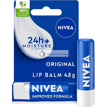 NIVEA Balzam na pery Originálna Starostlivosť 4.8g, Hlboká hydratácia pier na viac ako 24 hodín s prírodnými zložkami, bambuckým maslom a vitamínmi