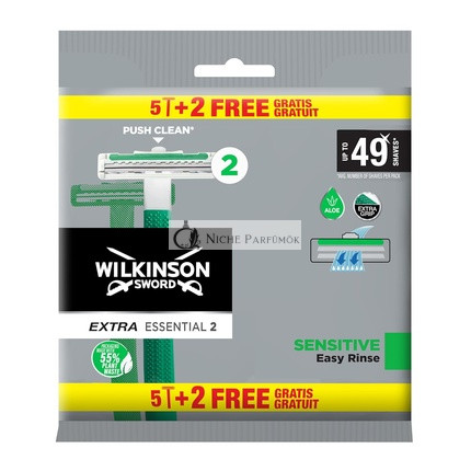 Wilkinson Sword Extra 2 Sensitive Jednorazové Holiace Stroječky 5 + 2 Kusy s Vitamínom E pre Prevenciu Bolehlavov, Kompletná Ochrana pri Holení 7 Kusov