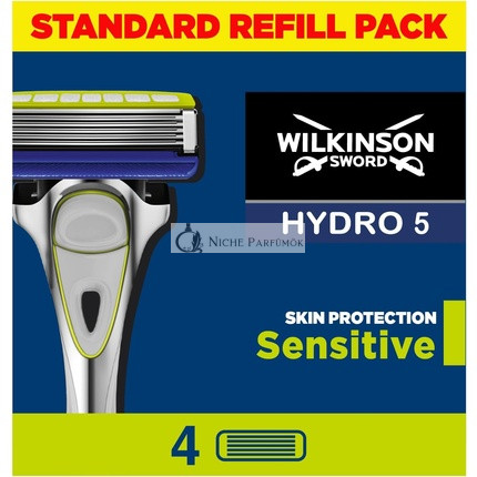 Wilkinson Sword Hydro 5 Ochranný holiaci strojček pre citlivú pleť, balenie 4 náhradných holiacich čepelí s gélom s vitamínom E a presným trimerom