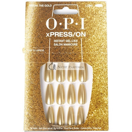 OPI xPRESS/ON Tlačiteľné Nechty, až 14 dní gelového manikúry, vegánske, udržateľné balenie s lepidlom na nechty, dlhé zlaté trblietavé nechtové tvarovanie, zlato zlomené