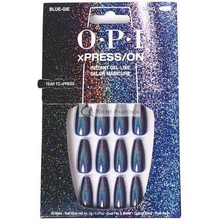OPI xPRESS/ON Umelý Nechty, až 14 dní gélový salón manikúra, vegánske udržateľné balenie s lepidlom na nechty, dlhé modré holografické coffin tvar nechty, Blue-Gie