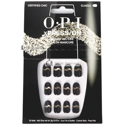 OPI xPress/ON Umelé nechty, až 14 dní gélového vzhľadu salónnej manikúry, vegánske, udržateľné balenie s lepidlom na nechty, čierna a strieborná nechtová art, krátke, certifikované elegantné