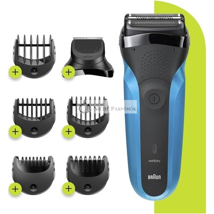 Braun Series 3 Pánske 3-v-1 Elektrický Holiaci Strojček S Trimmerom na Vousy s 5 Hrebienkami, Nabíjateľný a Bezdrôtový Elektrický Holiaci Strojček 30 Minút Prevádzky, Mokré a Suché, 310BT Čierna/Modrá