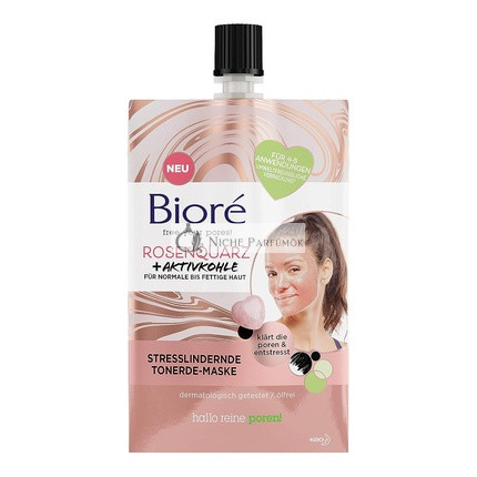 Biore 26421 Růženín + Aktivní Uhlí Hlínová Maska - Proti Stresu - Pro Normální a Mastnou Pleť - Čistí Póry