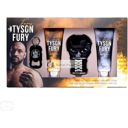 Tyson Fury Darčeková sada, 100 ml EDT, Sprchový gél, Telové mlieko, Kľúčenka