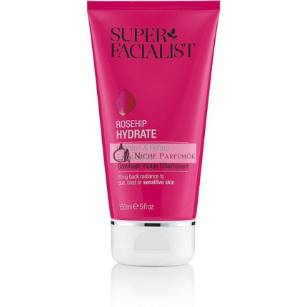 Super Facialist Růžový olej Hydratační, rozjasňující a jemně čisticí peeling na obličej s máslem a okurkovým olejem, 150ml