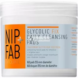   Nip + Fab Glycolic Acid Fix Denné Čistiace Podložky s Kyselinou Hyalurónovou, Lieskovým Orechom, Exfoliačné AHA Podložky na Tvár pre Vyrovnanie Tónu Pleti a Rozjasnenie Pleti