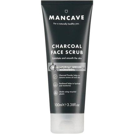ManCave Uhlíkový Peeling na Tvár 100ml pre Mužov, Exfoliuje a Hladí Pokožku, Dermatologicky Testované, Prírodná Formulácia, Vegánske a Bez Krutosti, Trubica z Recyklovaných Plastov, Vyrobené v Anglicku