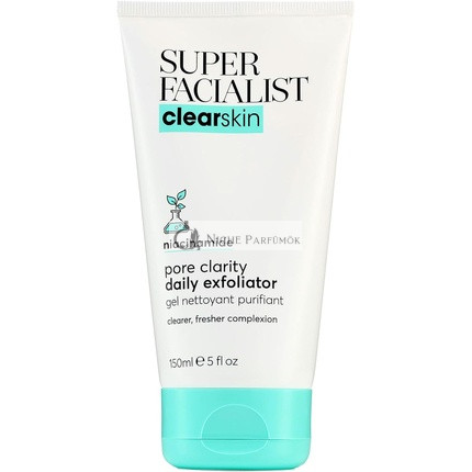 Super Facialist Pore Clarity Denný Exfoliátor na Akné Odstraňovač Čiernych Pórov s 1% Niacínamidom a Čajovníkovým Olejom Prebiotiká Vegánsky Príjemný 150ml