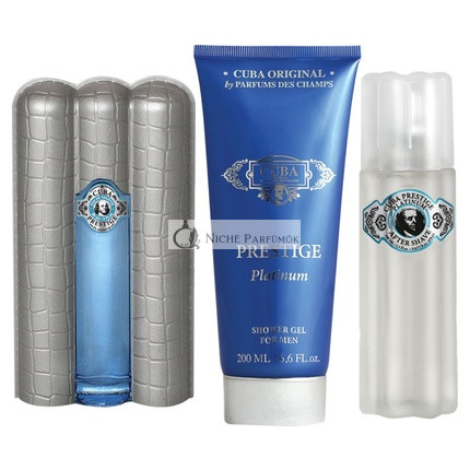 Cuba Prestige Platinum Parfum pre Mužov 3-dielna Darčeková Sada, 85ml EDT Sprej, 100ml Po holení, 200ml Sprchový gél