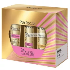   Perfectaset 24k Zlato Ružový Olej Exfoliačný Scrub 75g, Hydratačný Toner 200ml, Mlieko na Odstránenie Make-upu 200ml