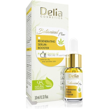 Delia Cosmetics Botanický Regeneračný Omladzujúci Pleťový Sérum Booster 95% Prírodné Zložky, Konopný Olej, Suchá Citlivá Pokožka, Rýchlo Hlboko Vstrebáva, Účinné, 10ml