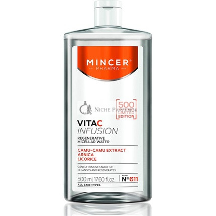 Mincer Pharma Vita C Infúzny Regeneračný Micelárny Olej Odstraňovač Make-upu pre Všetky Typy Pleti s Extraktom Camu-Camu, Arnikou a Lékořicí, 500ml