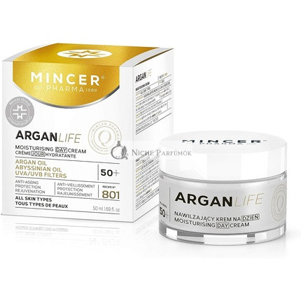 Mincer Pharma Argan Life 50+ Hydratačný, Obnovujúci, Ochranný Anti-Aging Denný Krém pre Všetky Typy Pleti s Arganovým Olejom, Abyssinian Olejom, UVA a UVB Filtermi, 50ml
