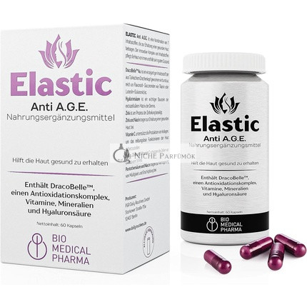 Elastic Anti A.G.E. Hyaluronová Kyselina Dracobelle Nu Vitamín C B3 B5 Zinok Selén Hydratačný a Zlepšujúci Pružnosť Pokožky 60 Vegánskych Kapsúl