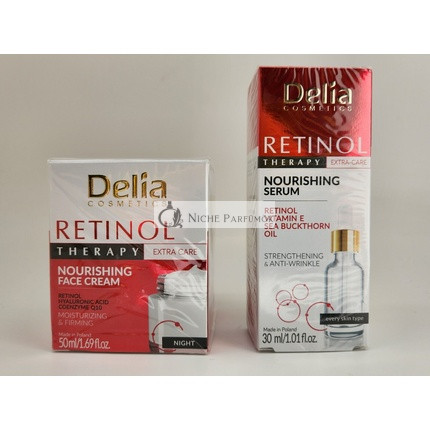 DELIA Retinol Hyalurónová Kyselina Výživný Nočný Krém a Sada Sérum na Tvár