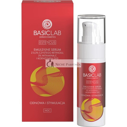 Basiclab Emulzný Sérum s 0,3% Čistým Retinolom, 3% Vitamínom C a Koenzýmom Q10 Obnova a Stimulácia, 30ml
