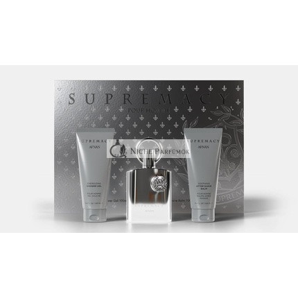 Afnan Supremacy Silver 3-dielna darčeková sada, 100ml sprchový gél, 100ml EDP sprej, 100ml balzam po holení