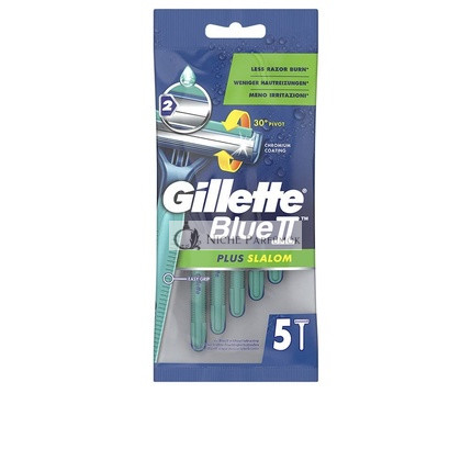 Gillette BlueII Plus Slalom Jednorazový holiaci strojček pre mužov s dvoma čepeľami 30° otočná hlava lubrikačný pruh - balenie 5