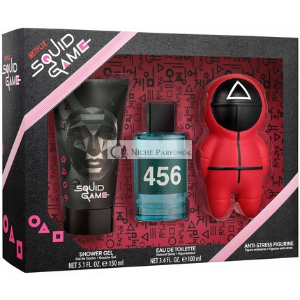 Netflix Squid Game Darčekový Set: Eau de Toilette 100ml, Sprchový Gél 150ml a Squishy - Perfektný Fanúšikovský Darček pre Chlapcov