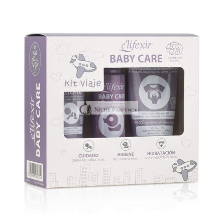 Elifexir Baby Care Cestovná Hygienická Sada Mini Veľkosť Hydratačné Telové Mlieko + Detský Šampónový Gél + Ochranný Krém na Plienky 125ml