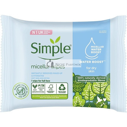 Simple Kind to Skin Hypoalergénne Micelárne Biologicky Rozložiteľné Odličovacie Utierky 20 ks